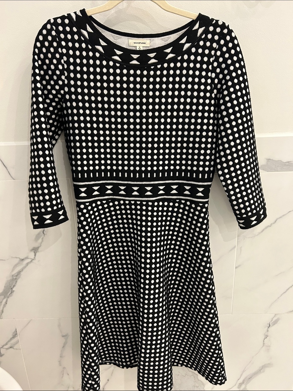 Max Studio Black and ivory Polka Dot Long Sleeve Fit & Flare Dress